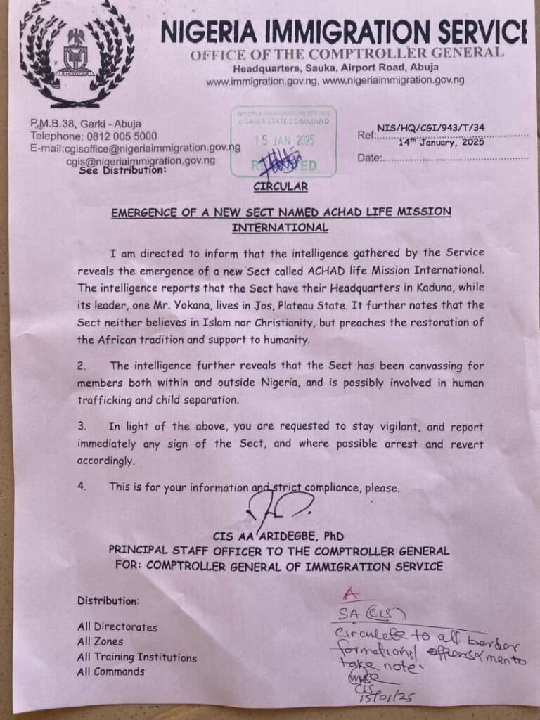 Nigeris Immigrations Service alerts of new religious sect active in Kaduna
